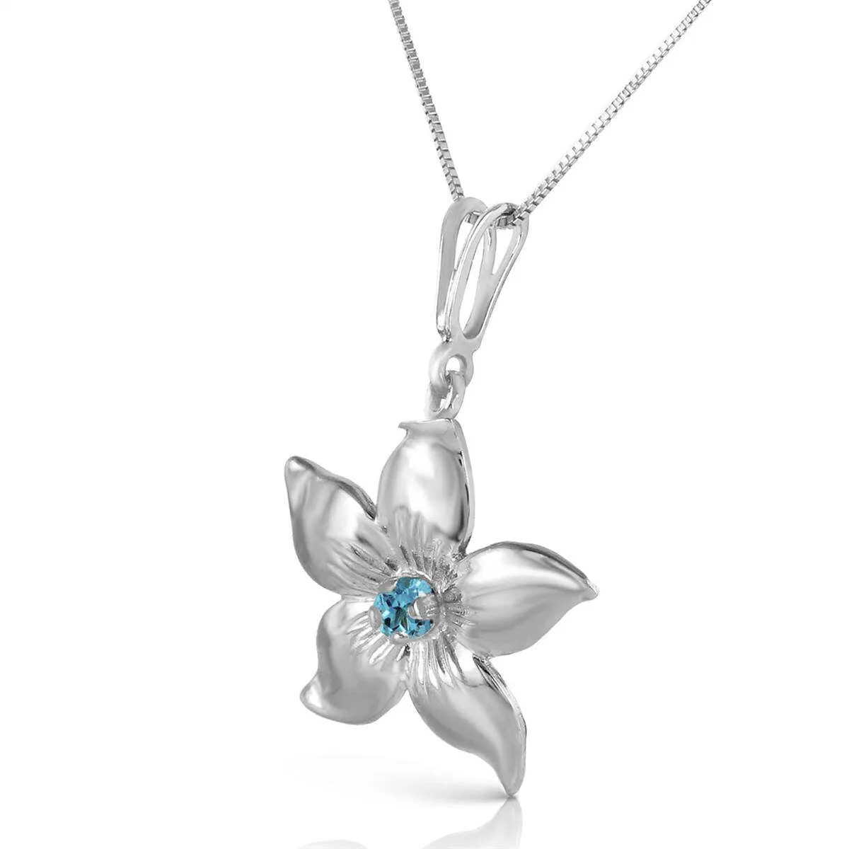 0.1 Carat 14K Solid White Gold Flower Necklace Natural Blue Topaz