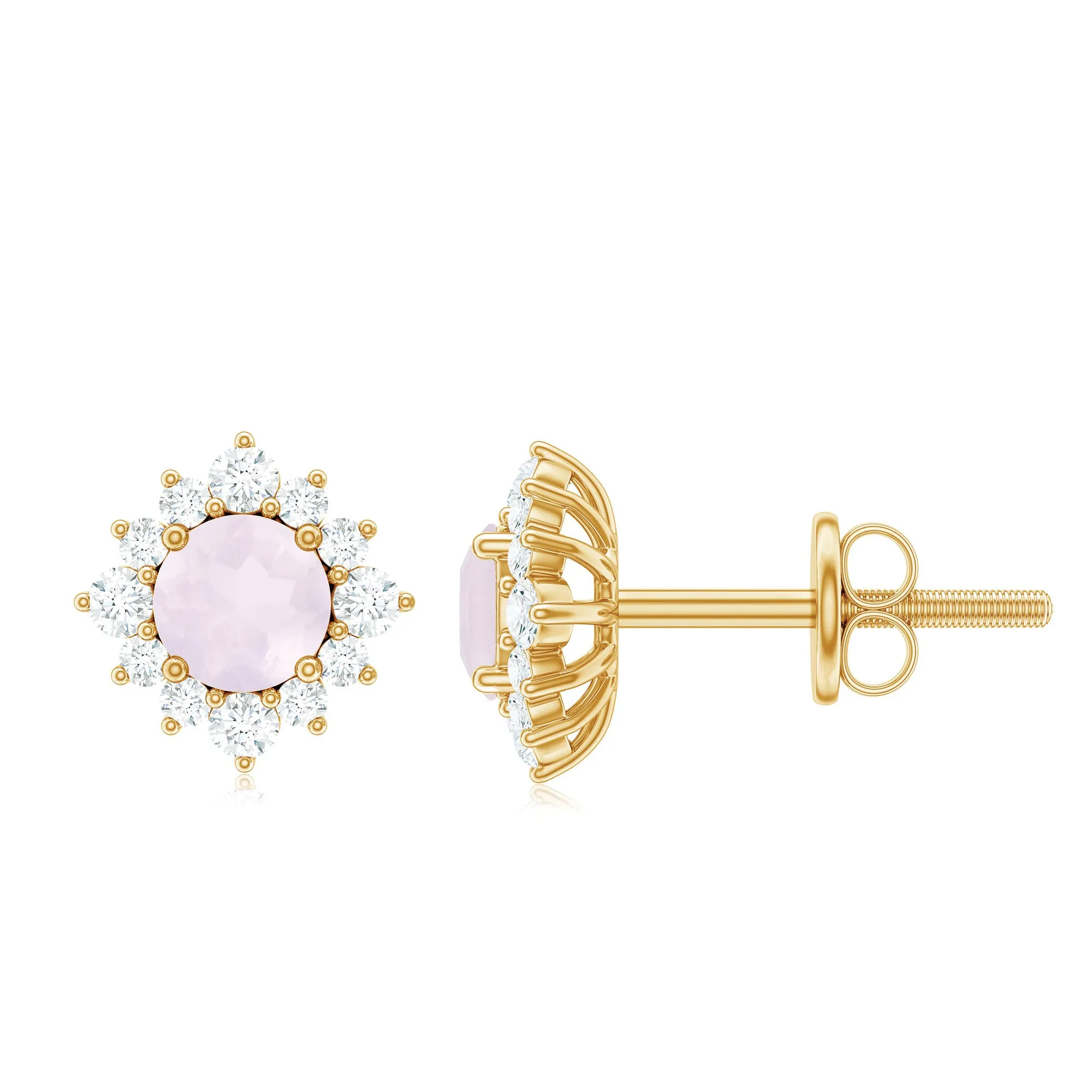 1 CT Classic Rose Quartz Stud Earrings with Diamond Halo