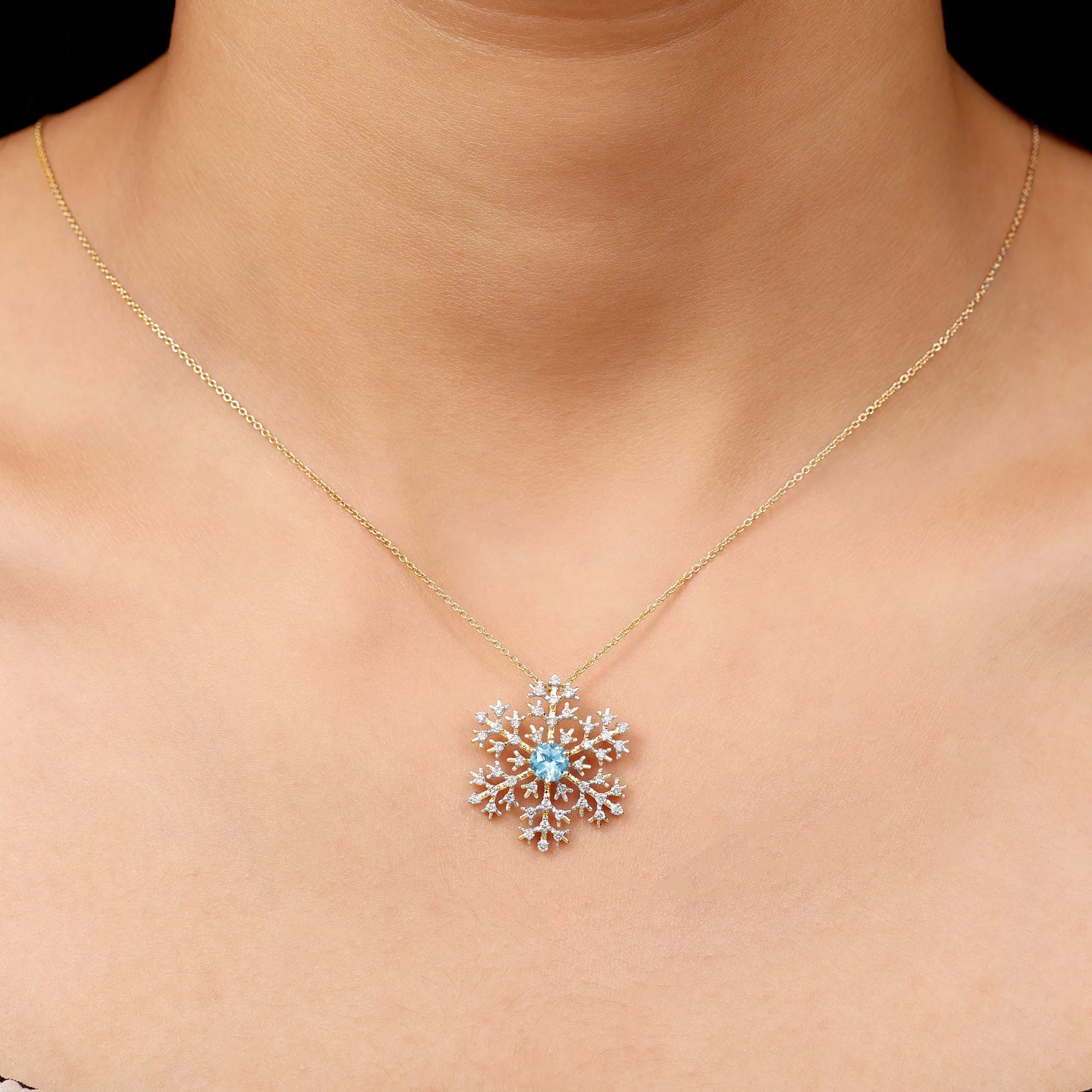1 CT Swiss Blue Topaz and Diamond Scatter Snowflake Pendant