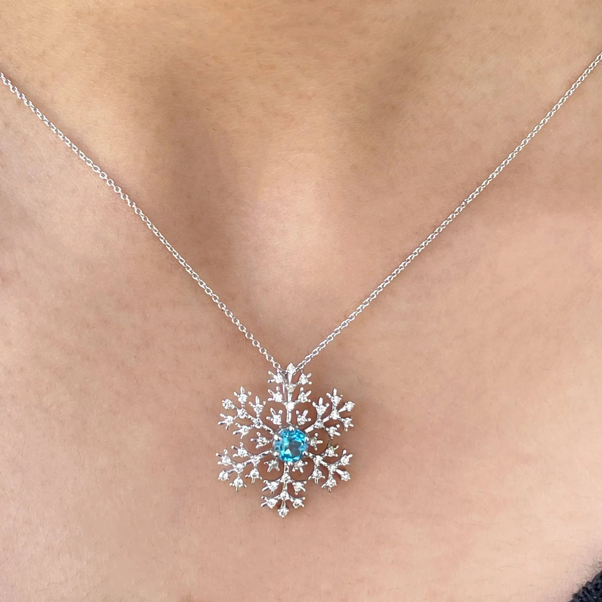 1 CT Swiss Blue Topaz and Diamond Scatter Snowflake Pendant