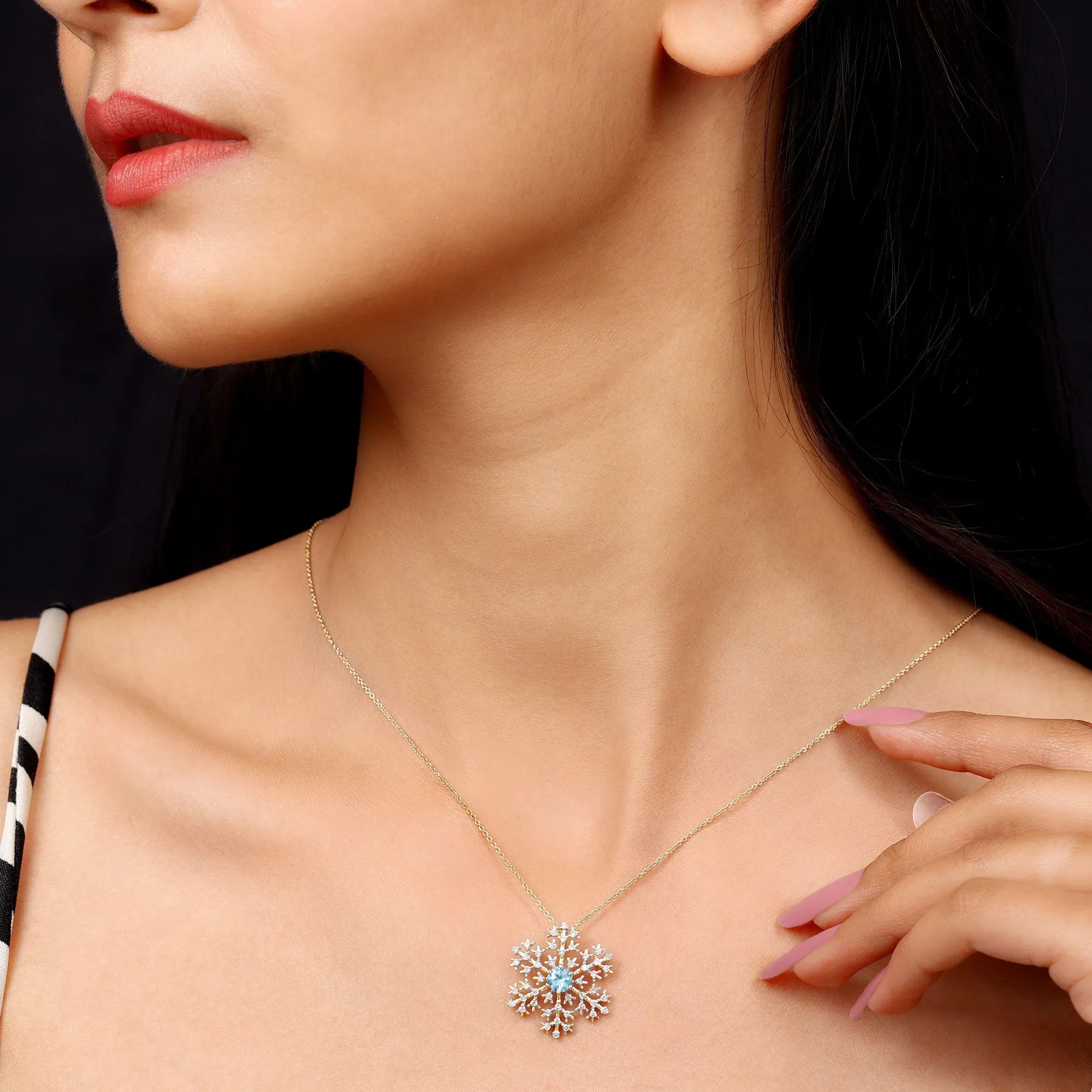 1 CT Swiss Blue Topaz and Diamond Scatter Snowflake Pendant