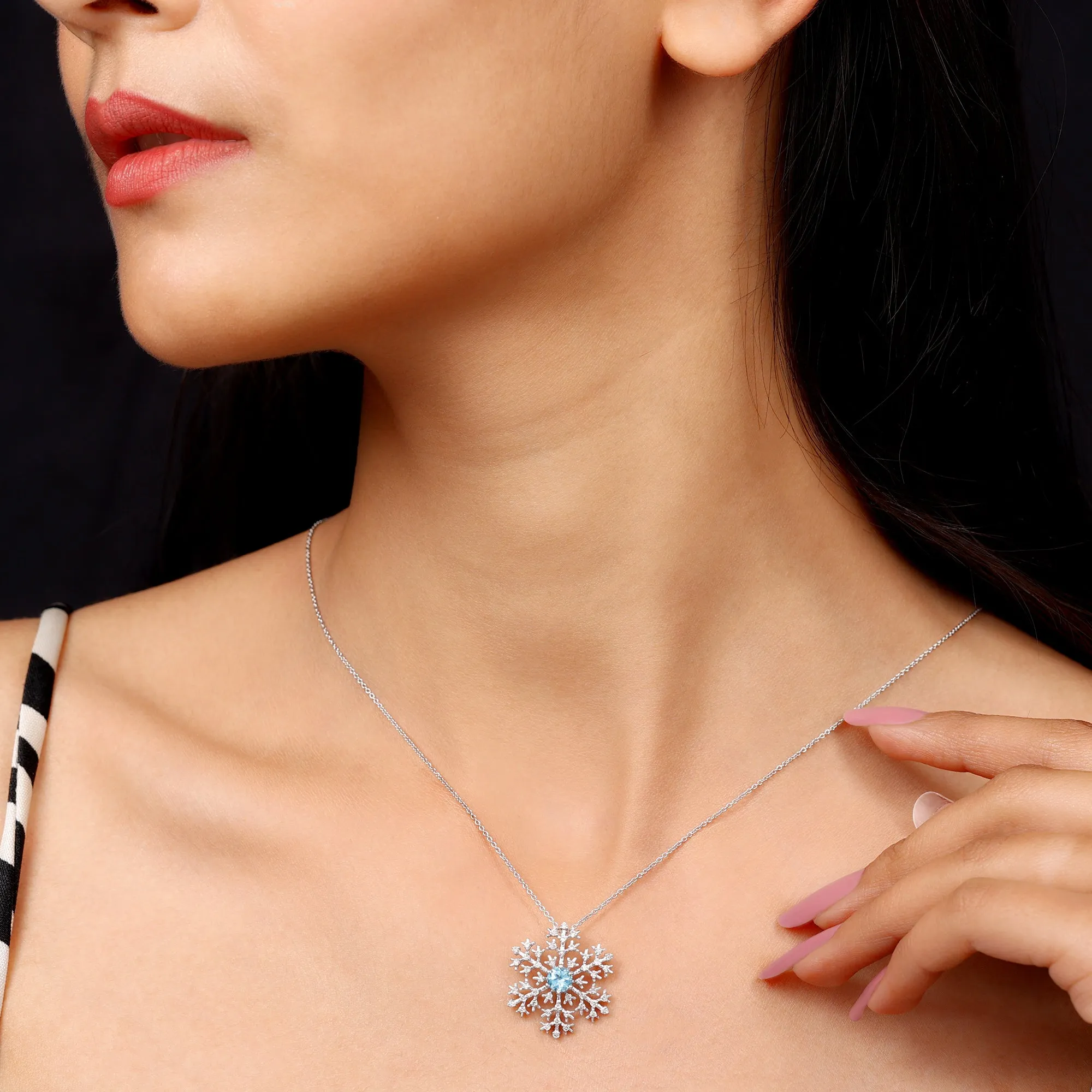 1 CT Swiss Blue Topaz and Diamond Scatter Snowflake Pendant