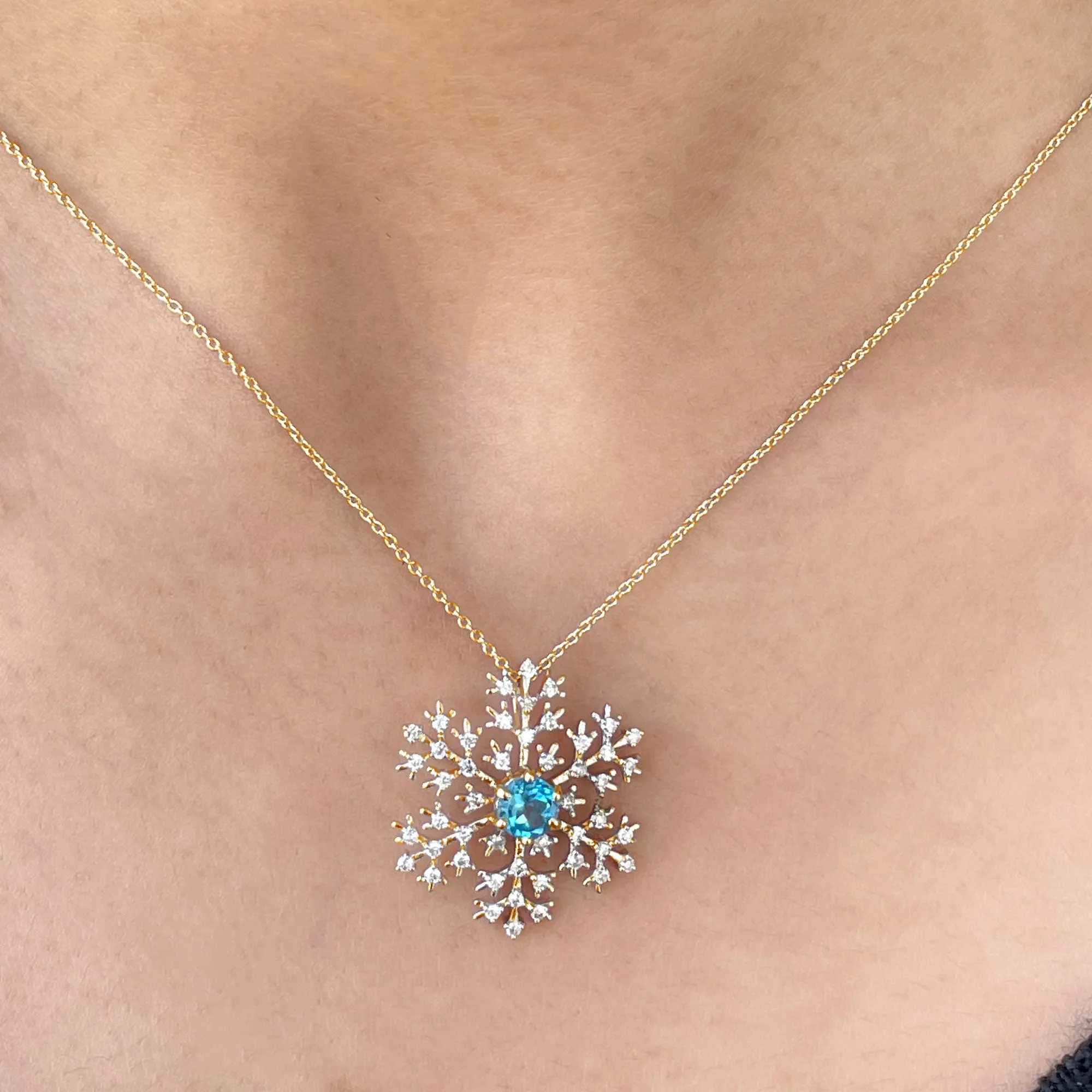 1 CT Swiss Blue Topaz and Diamond Scatter Snowflake Pendant
