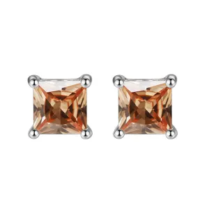 10k White Gold Plated 1 Carat Square Created Champagne Sapphire Stud Earrings
