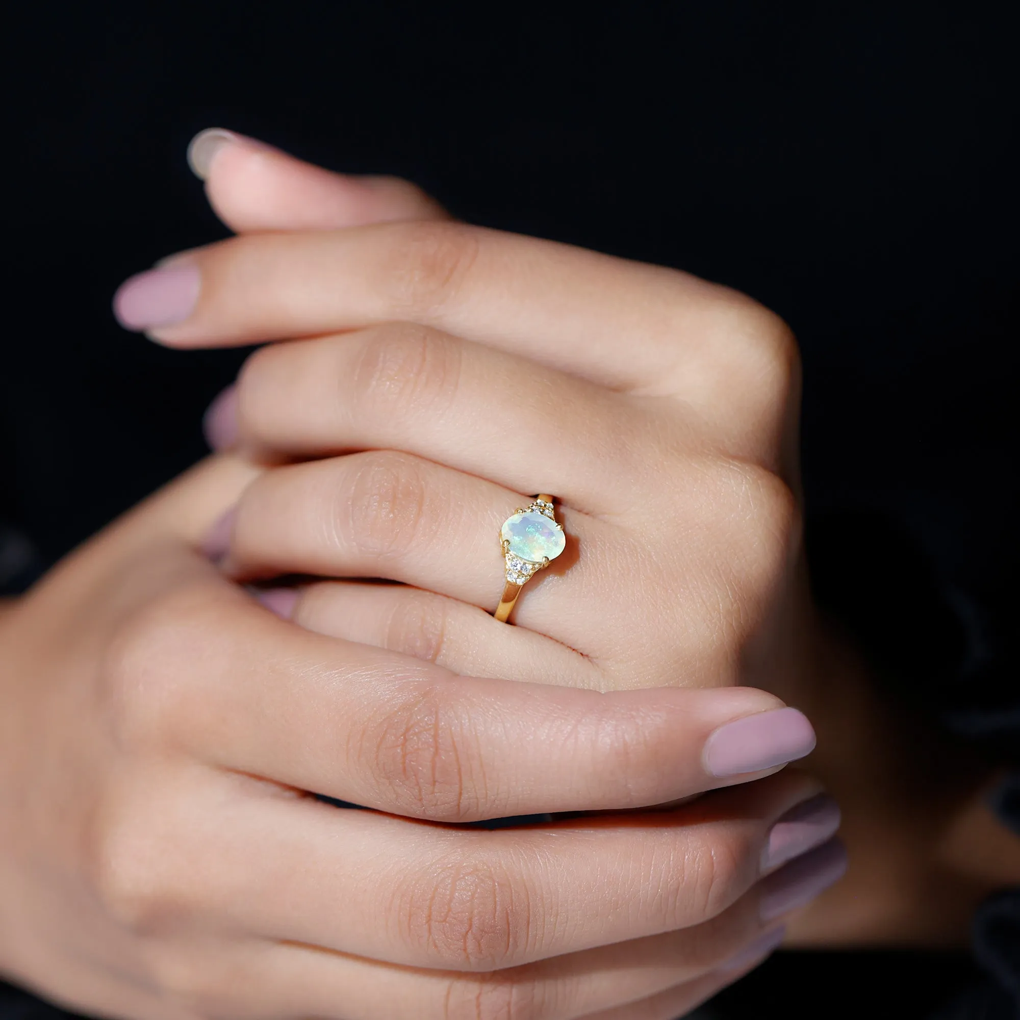 1.25 CT Oval Cut Ethiopian Opal Engagement Ring with Moissanite Collar