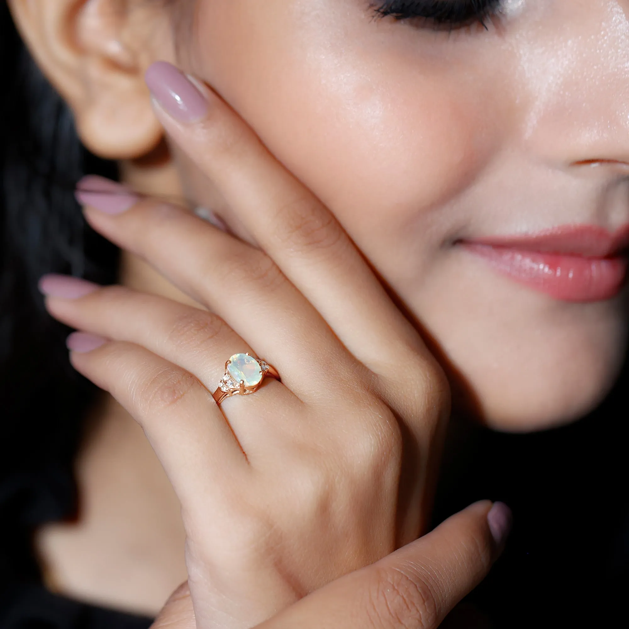 1.25 CT Oval Cut Ethiopian Opal Engagement Ring with Moissanite Collar