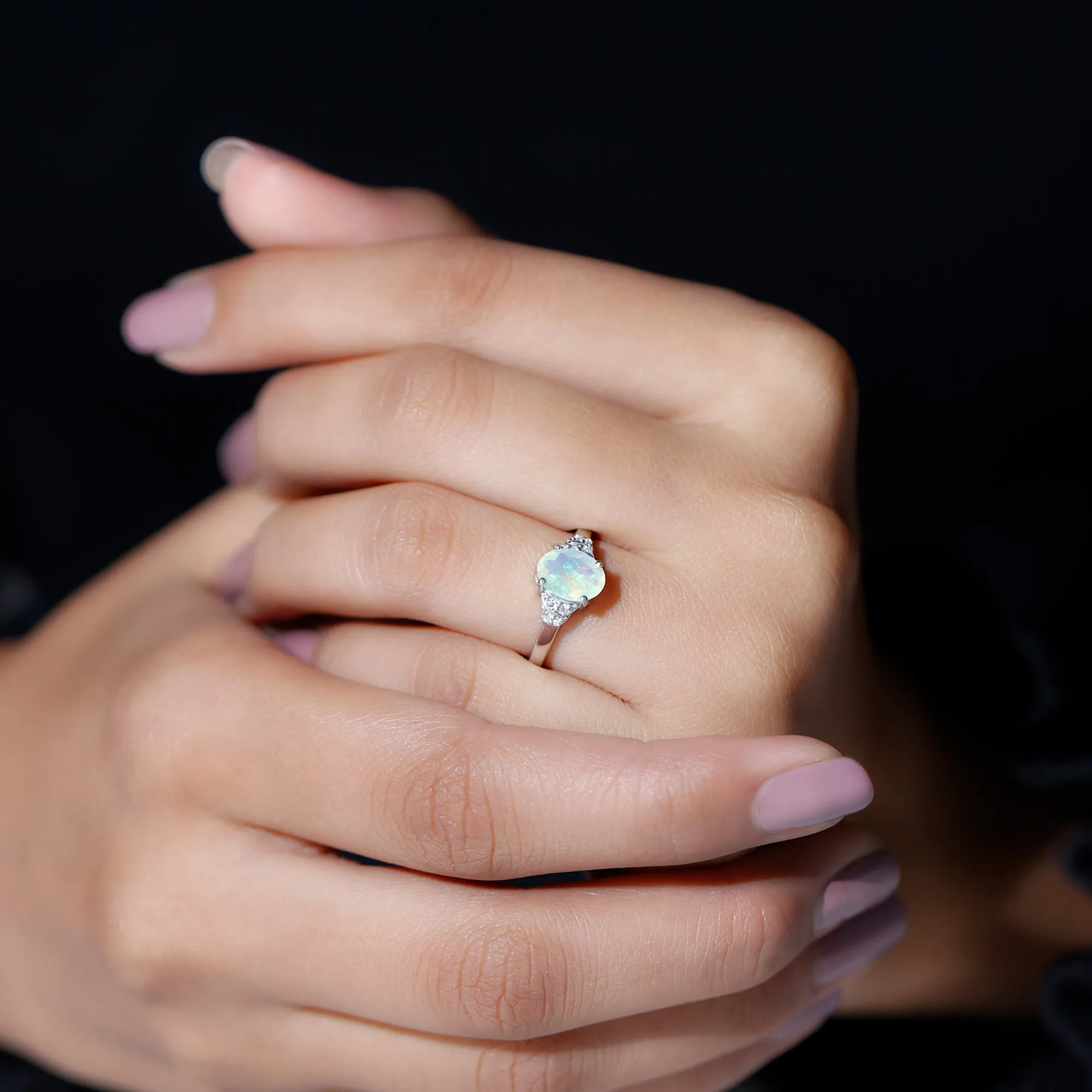 1.25 CT Oval Cut Ethiopian Opal Engagement Ring with Moissanite Collar