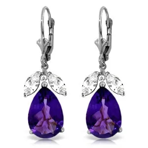 13 Carat 14K Solid White Gold Leverback Earrings Amethyst White Topaz