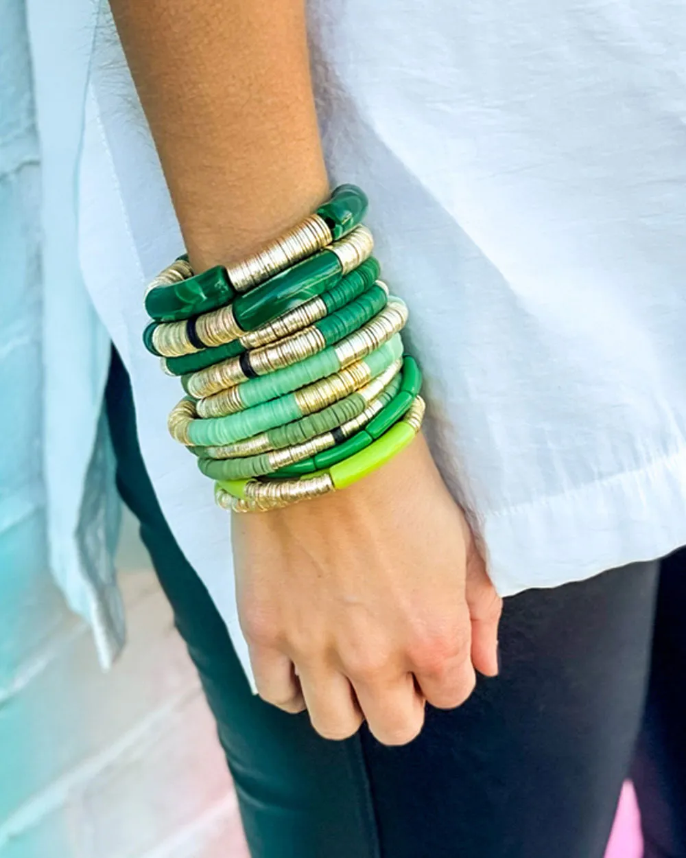 14k Gold and Jade Green Vinyl Stretch Bracelet