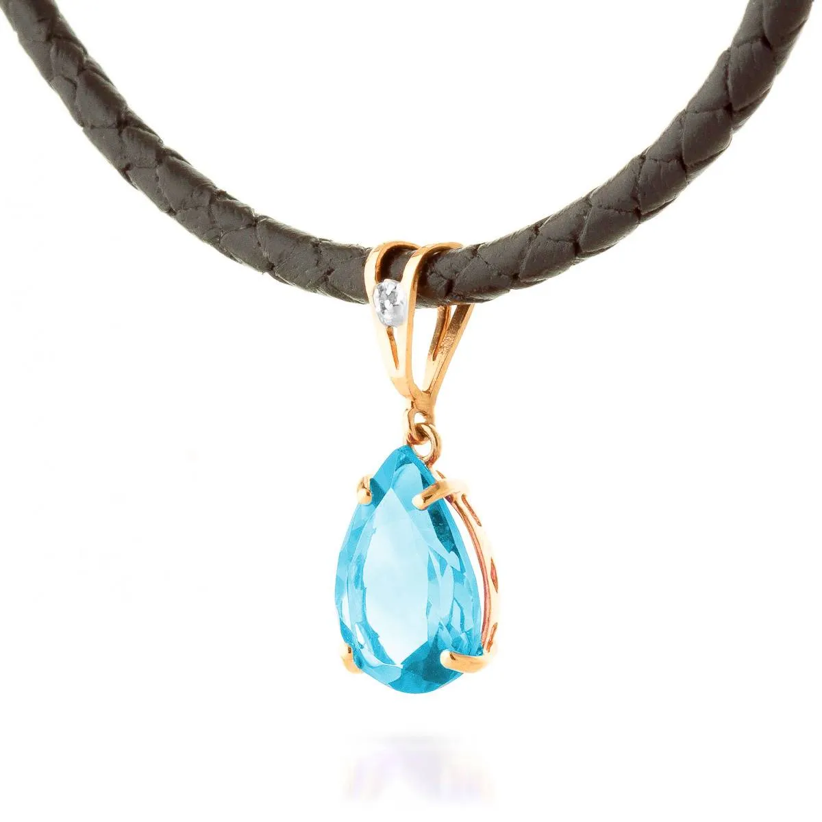 14K Solid Rose Gold & Leather Diamond/Blue Topaz Pear Cut Necklace