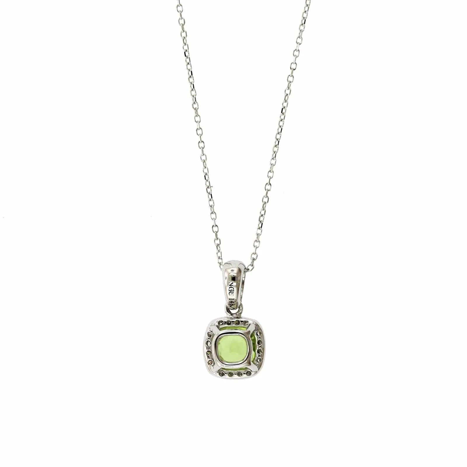 14K White Gold Cushion Peridot Diamond Halo Necklace