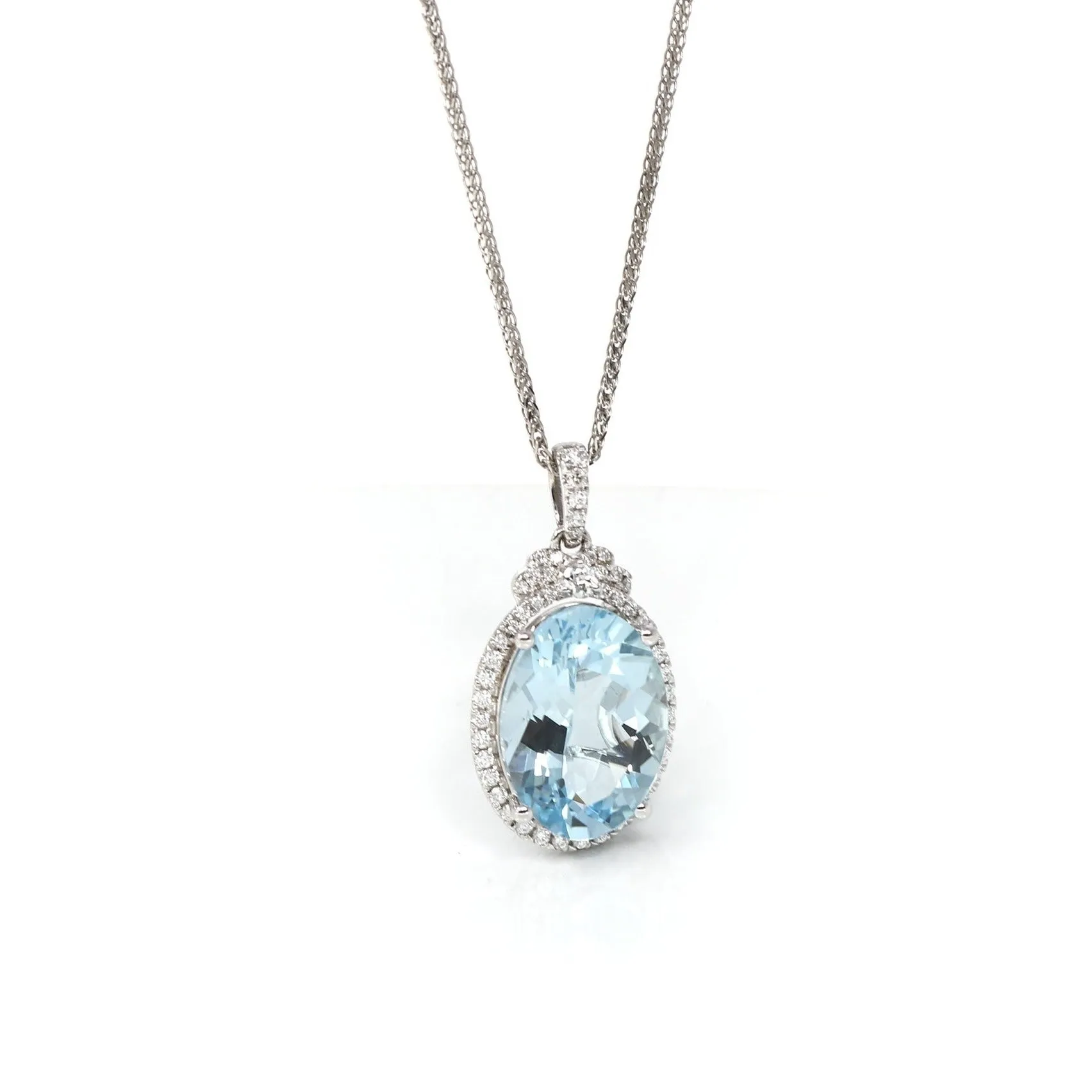 14k White Gold Natural Oval Aquamarine Necklace With Diamond