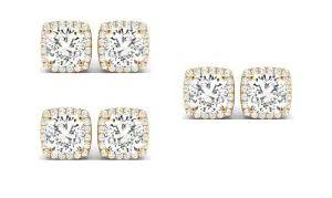 14k Yellow Gold 2Ct Cushion Cut White Sapphire Set Of Three Halo Stud Earrings Plated