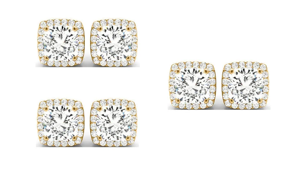 14k Yellow Gold 2Ct Cushion Cut White Sapphire Set Of Three Halo Stud Earrings Plated