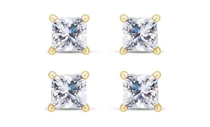 14k Yellow Gold Plated 3Ct Princess Cut White Sapphire Set Of Two Stud Earrings