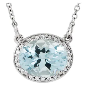 14KT GOLD 1.70 CT AQUAMARINE & .05 CTW DIAMOND HALO NECKLACE
