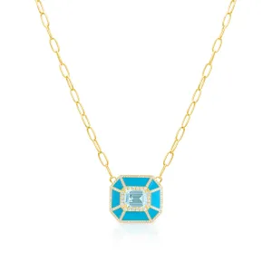14KT Yellow Gold Blue Topaz Turquoise Enamel Diamond Deco Necklace