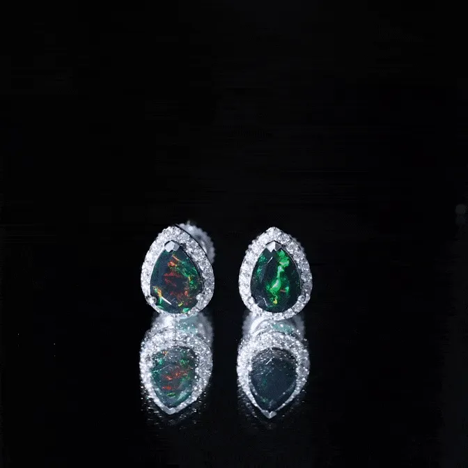 1.5 CT Classic Pear Cut Black Opal and Moissanite Halo Stud Earrings