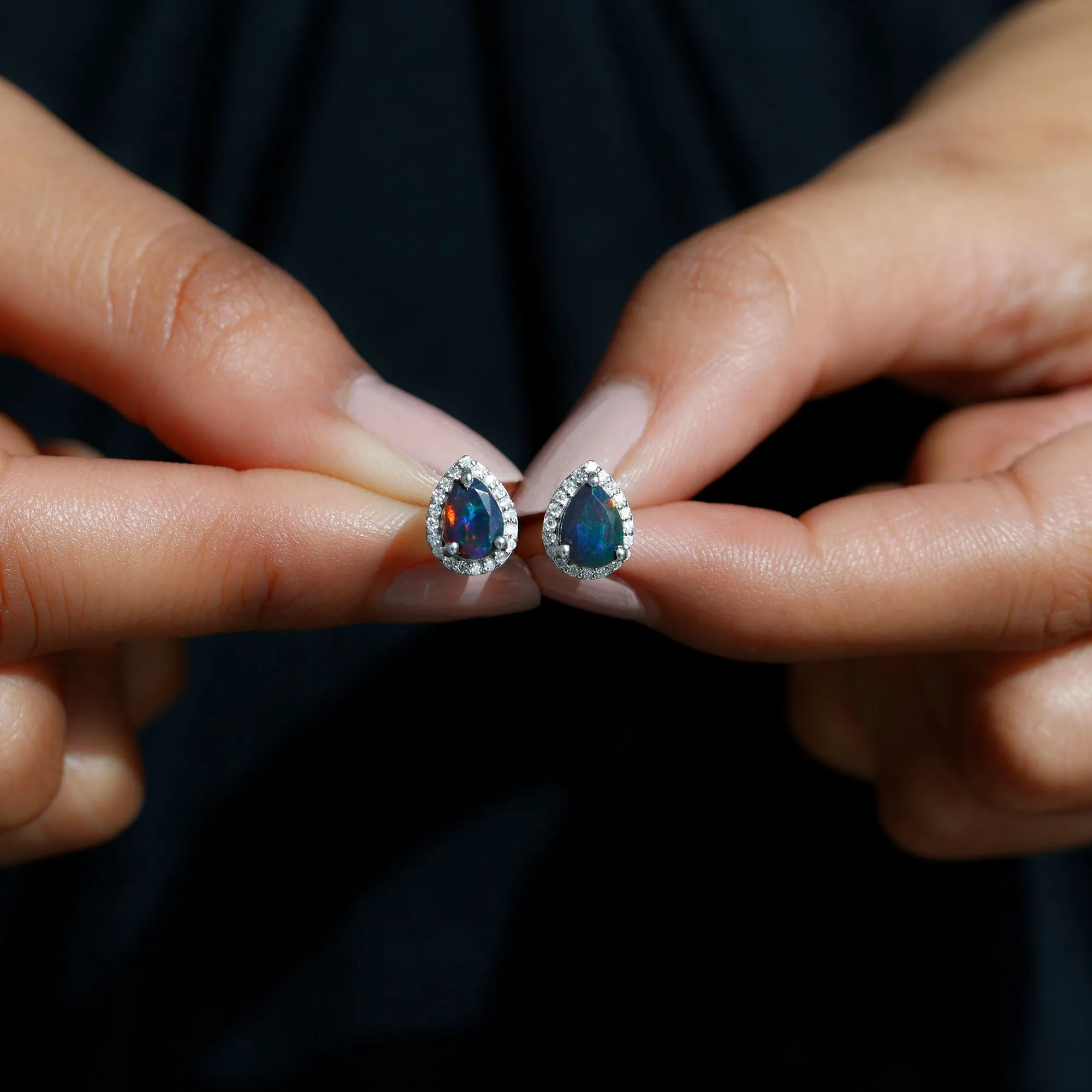 1.5 CT Classic Pear Cut Black Opal and Moissanite Halo Stud Earrings