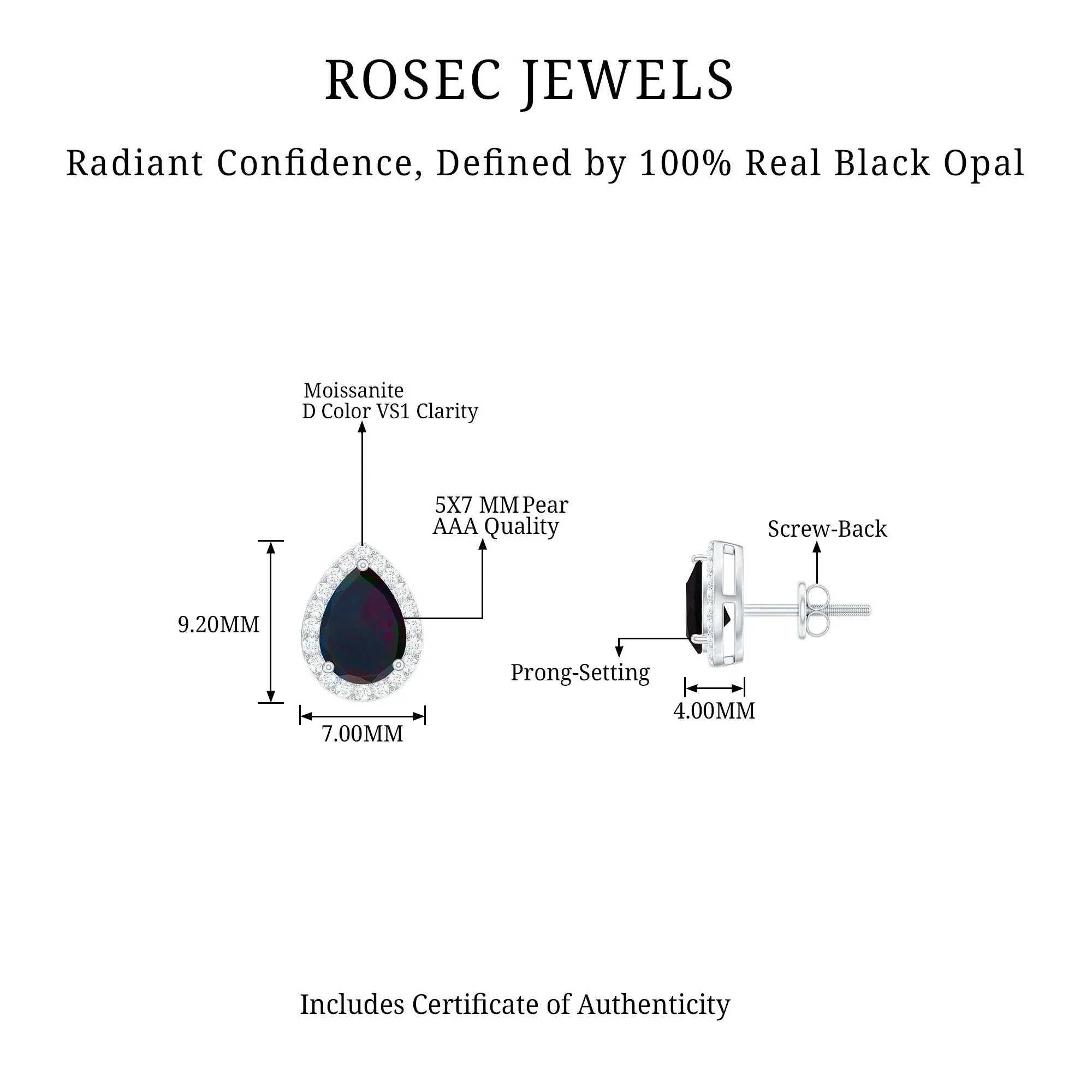 1.5 CT Classic Pear Cut Black Opal and Moissanite Halo Stud Earrings