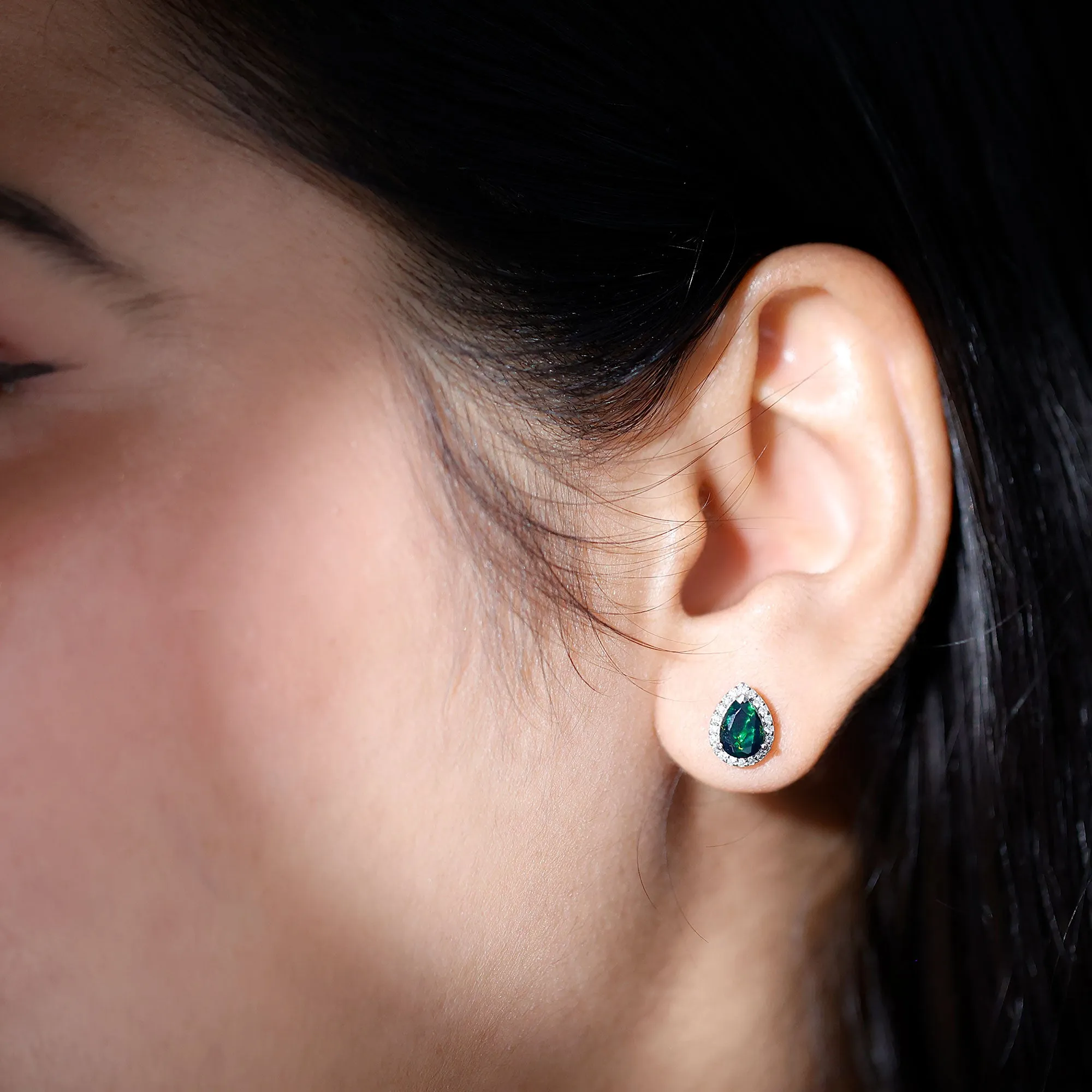 1.5 CT Classic Pear Cut Black Opal and Moissanite Halo Stud Earrings