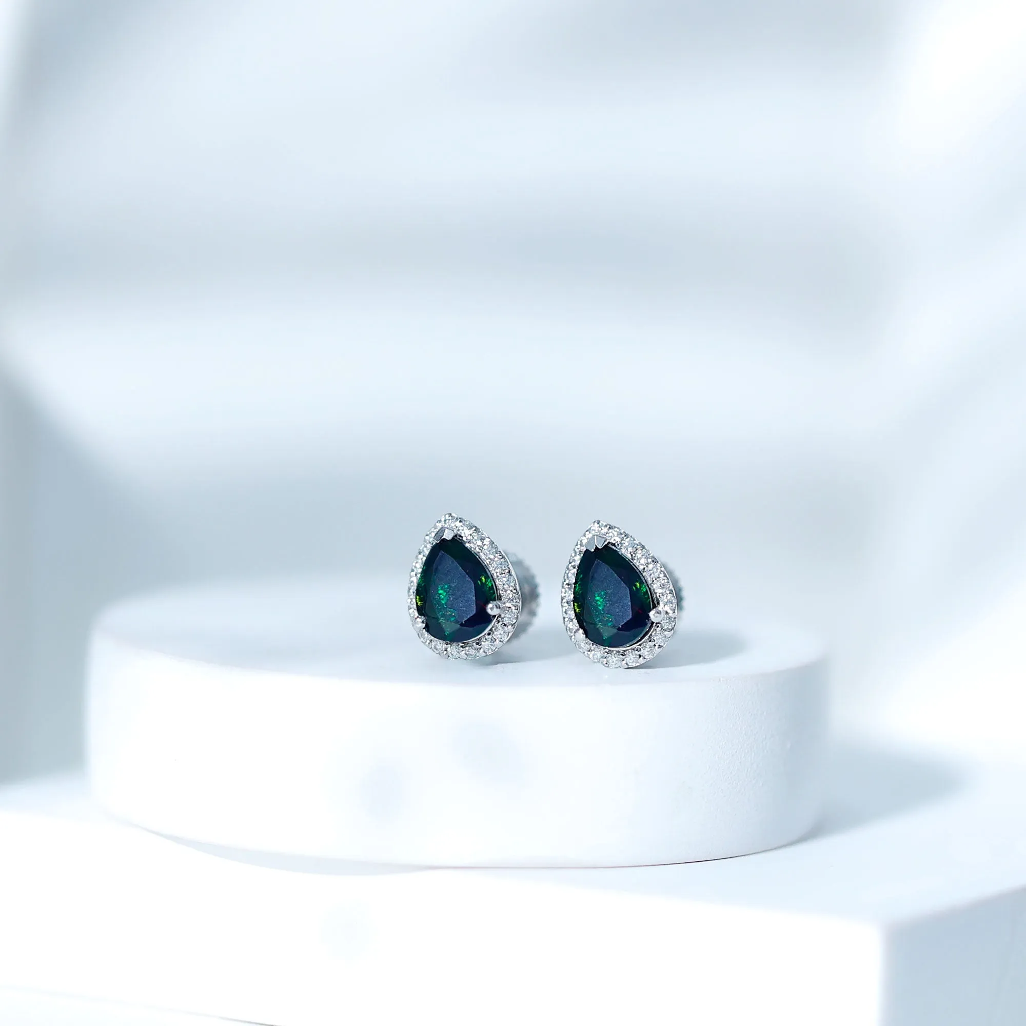 1.5 CT Classic Pear Cut Black Opal and Moissanite Halo Stud Earrings