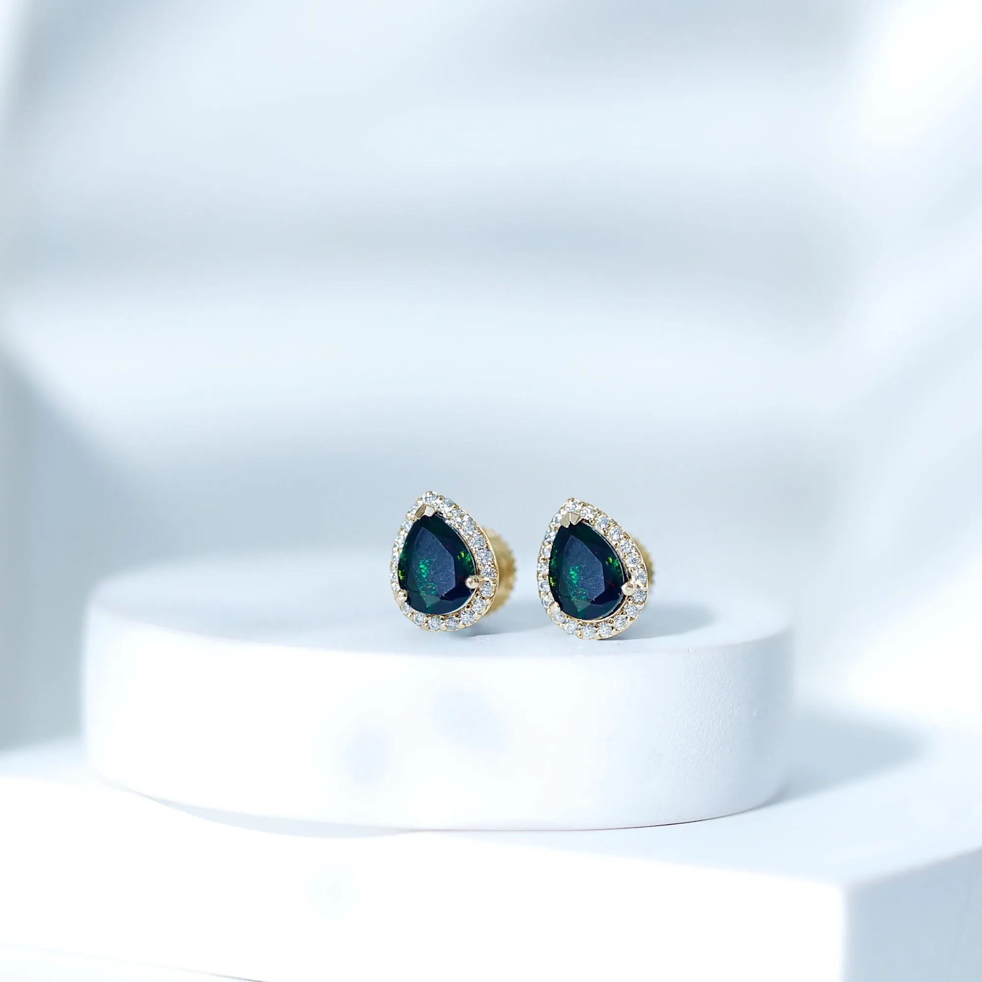 1.5 CT Classic Pear Cut Black Opal and Moissanite Halo Stud Earrings