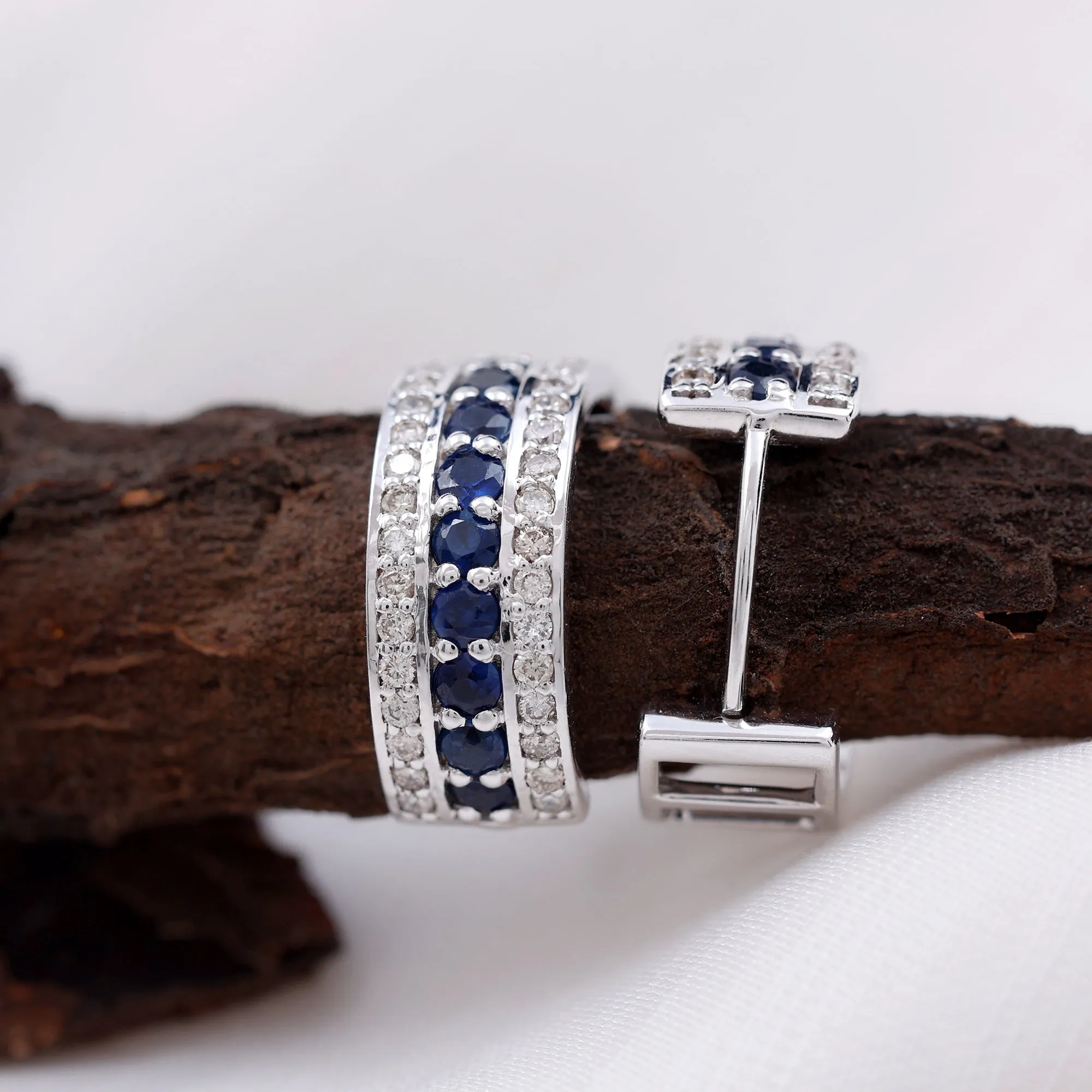 1.50 CT Created Blue Sapphire and Diamond Wide Hoop Drop Earrings