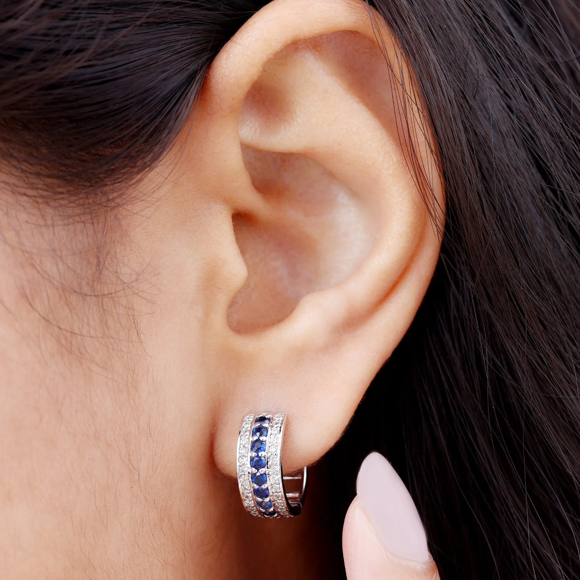 1.50 CT Created Blue Sapphire and Diamond Wide Hoop Drop Earrings