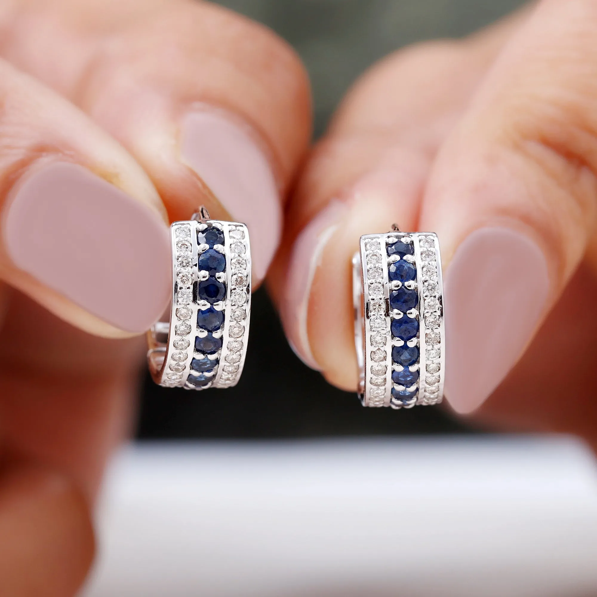 1.50 CT Created Blue Sapphire and Diamond Wide Hoop Drop Earrings