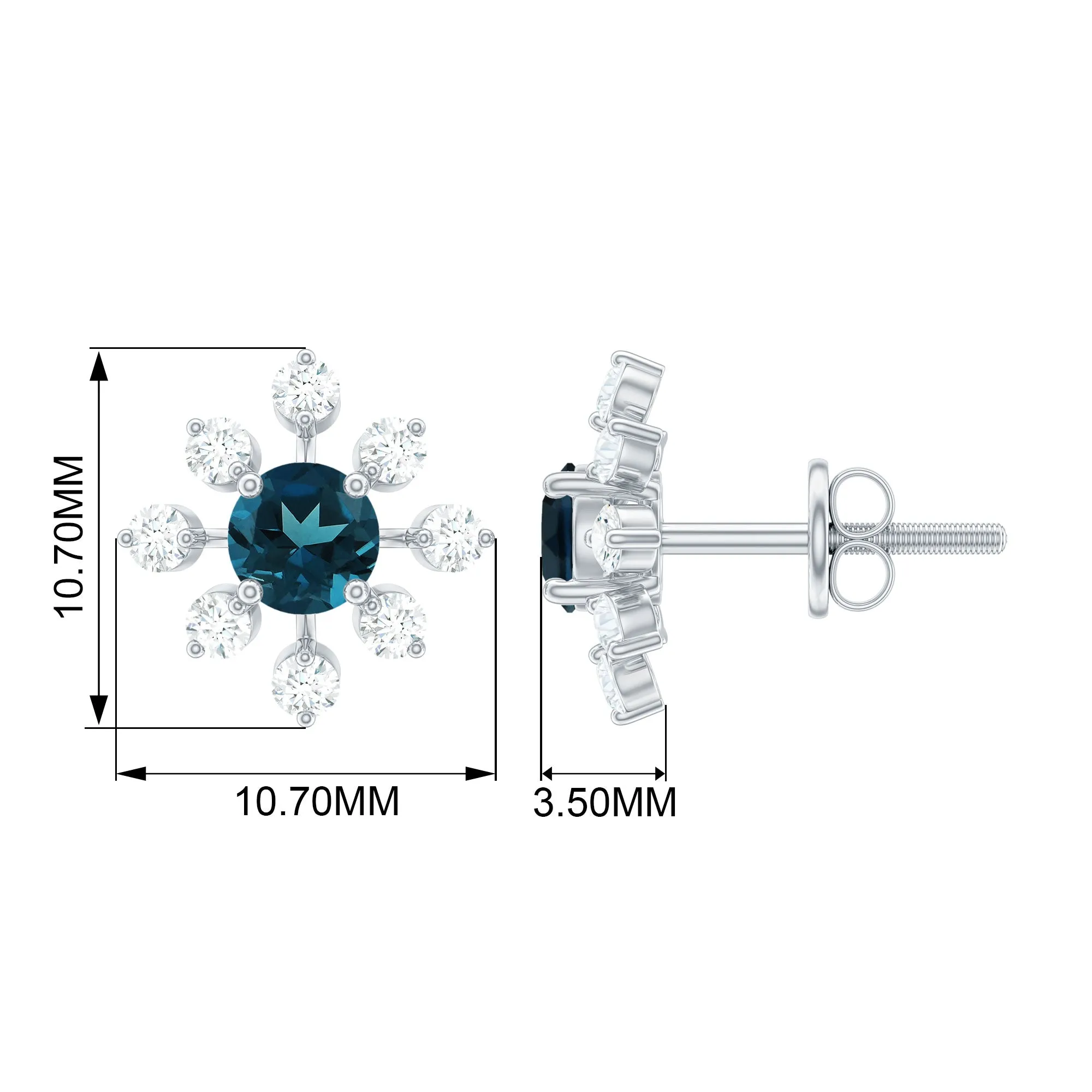 1.75 CT London Blue Topaz and Diamond Flower Stud Earrings