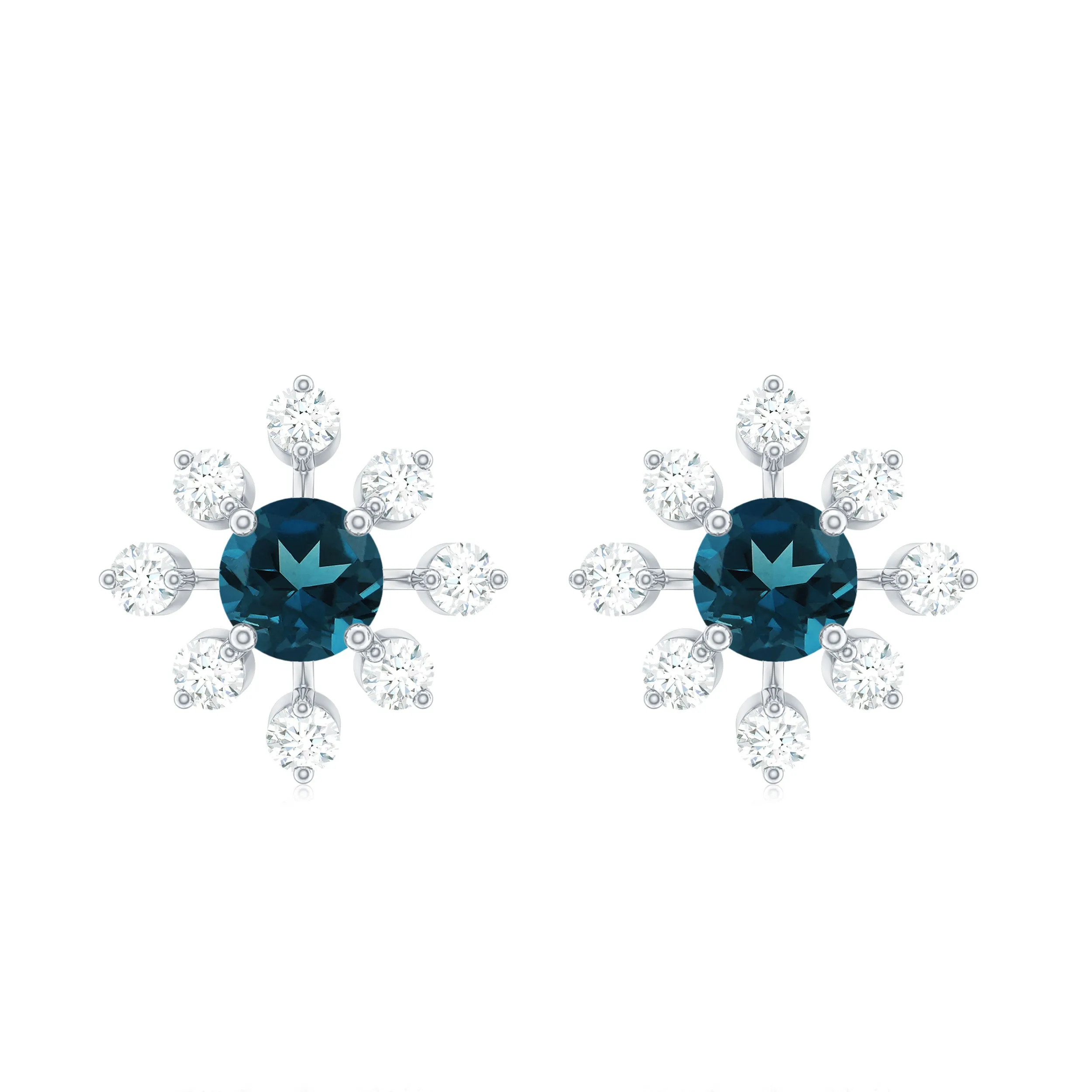 1.75 CT London Blue Topaz and Diamond Flower Stud Earrings