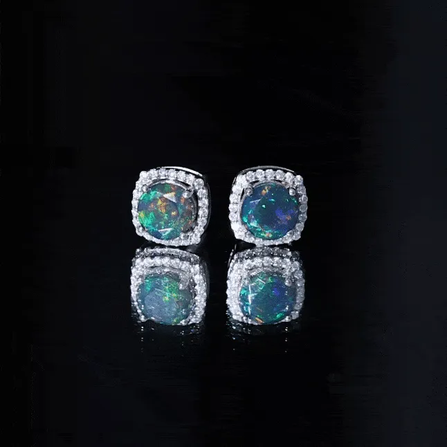 1.75 CT Round Shape Black Opal Stud Earrings with Moissanite Halo