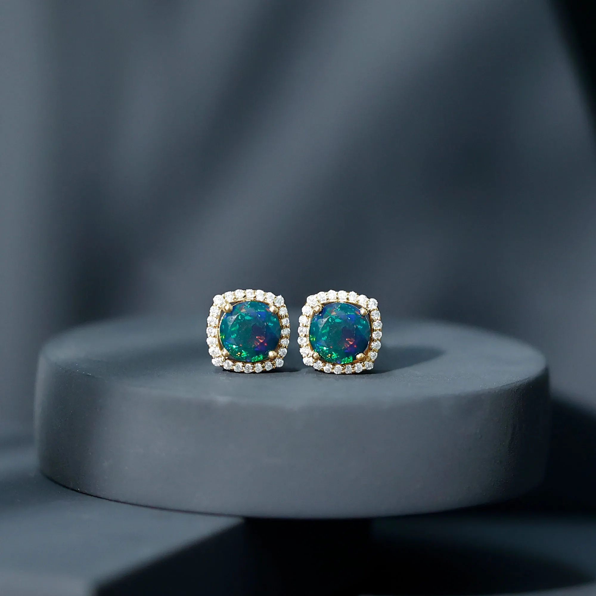 1.75 CT Round Shape Black Opal Stud Earrings with Moissanite Halo