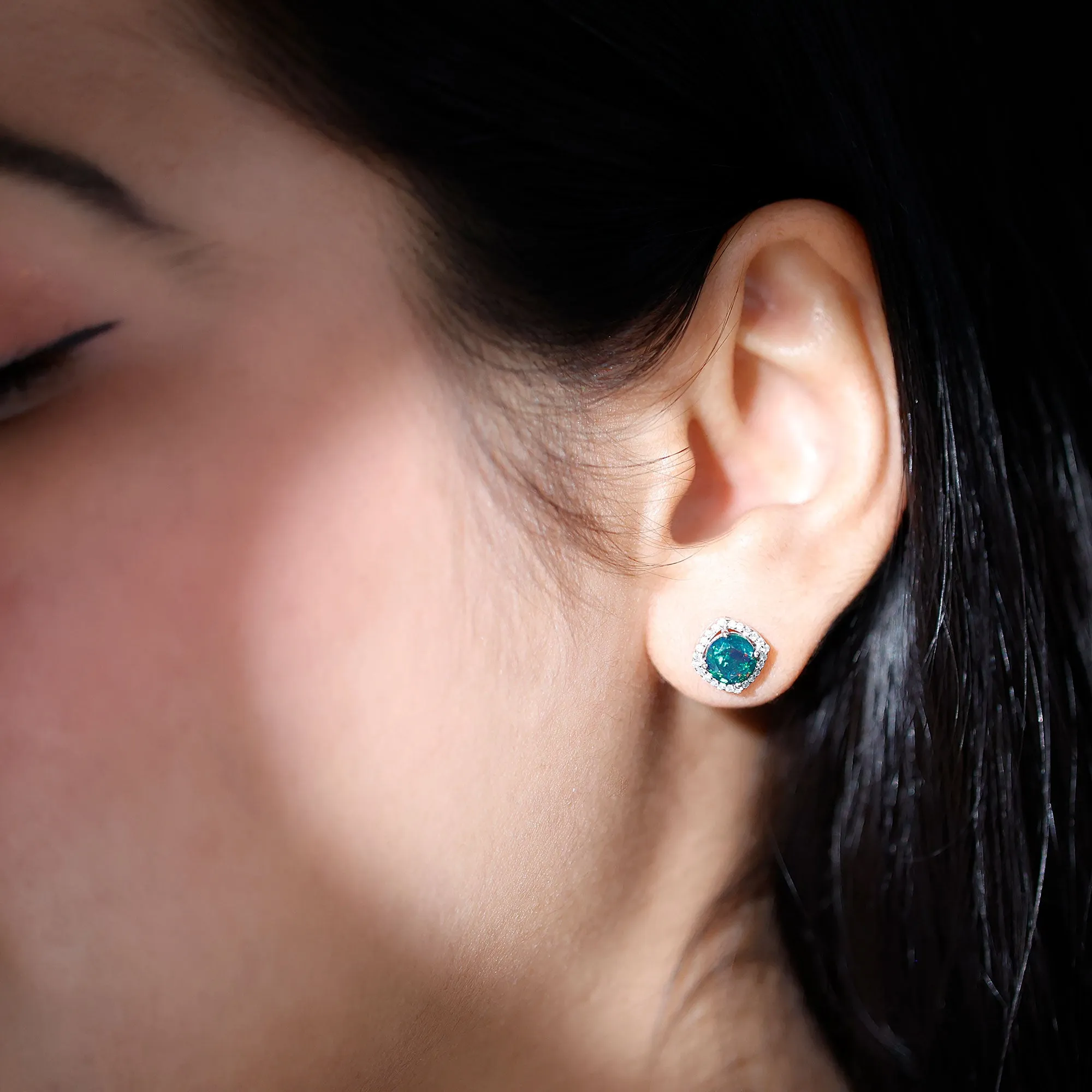 1.75 CT Round Shape Black Opal Stud Earrings with Moissanite Halo