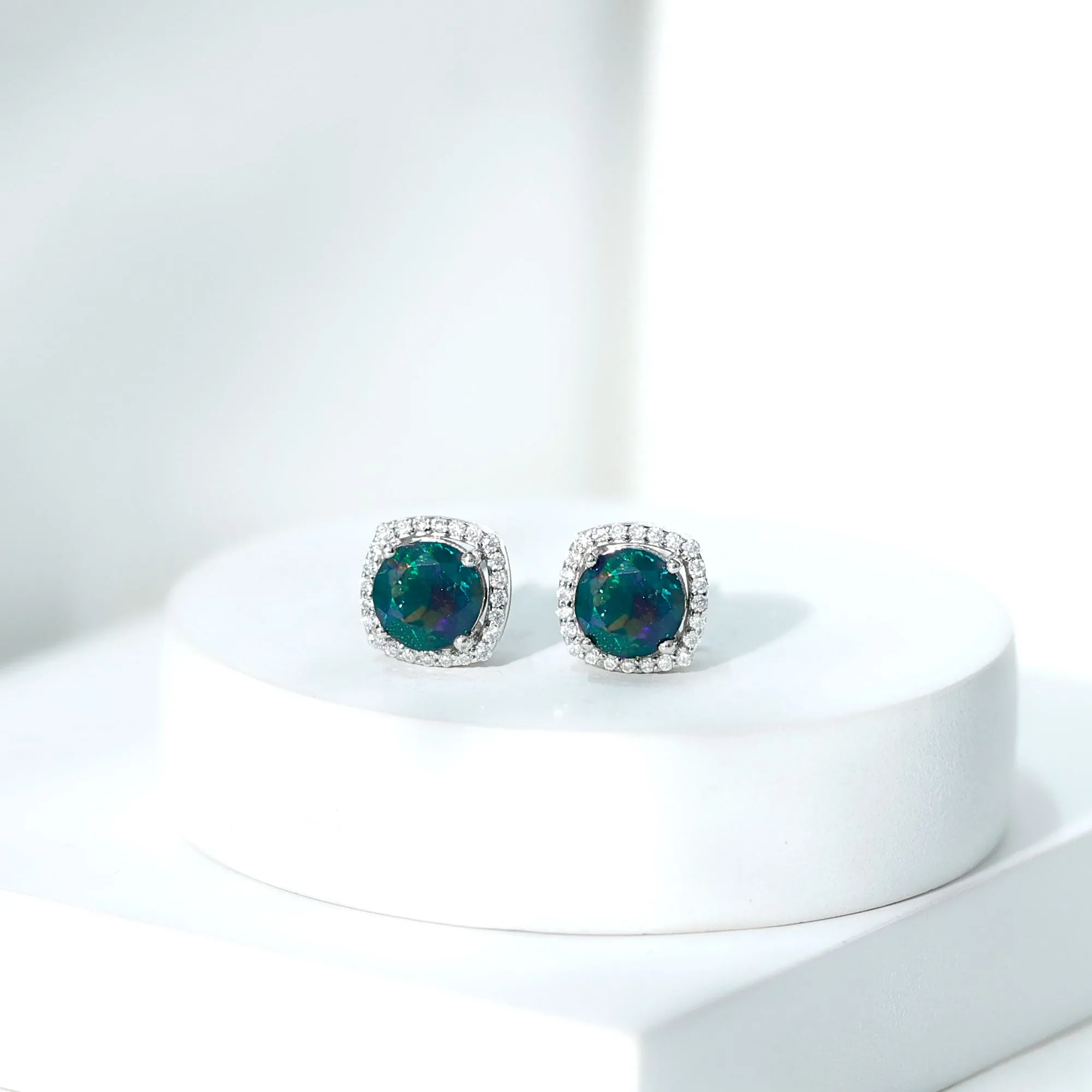 1.75 CT Round Shape Black Opal Stud Earrings with Moissanite Halo
