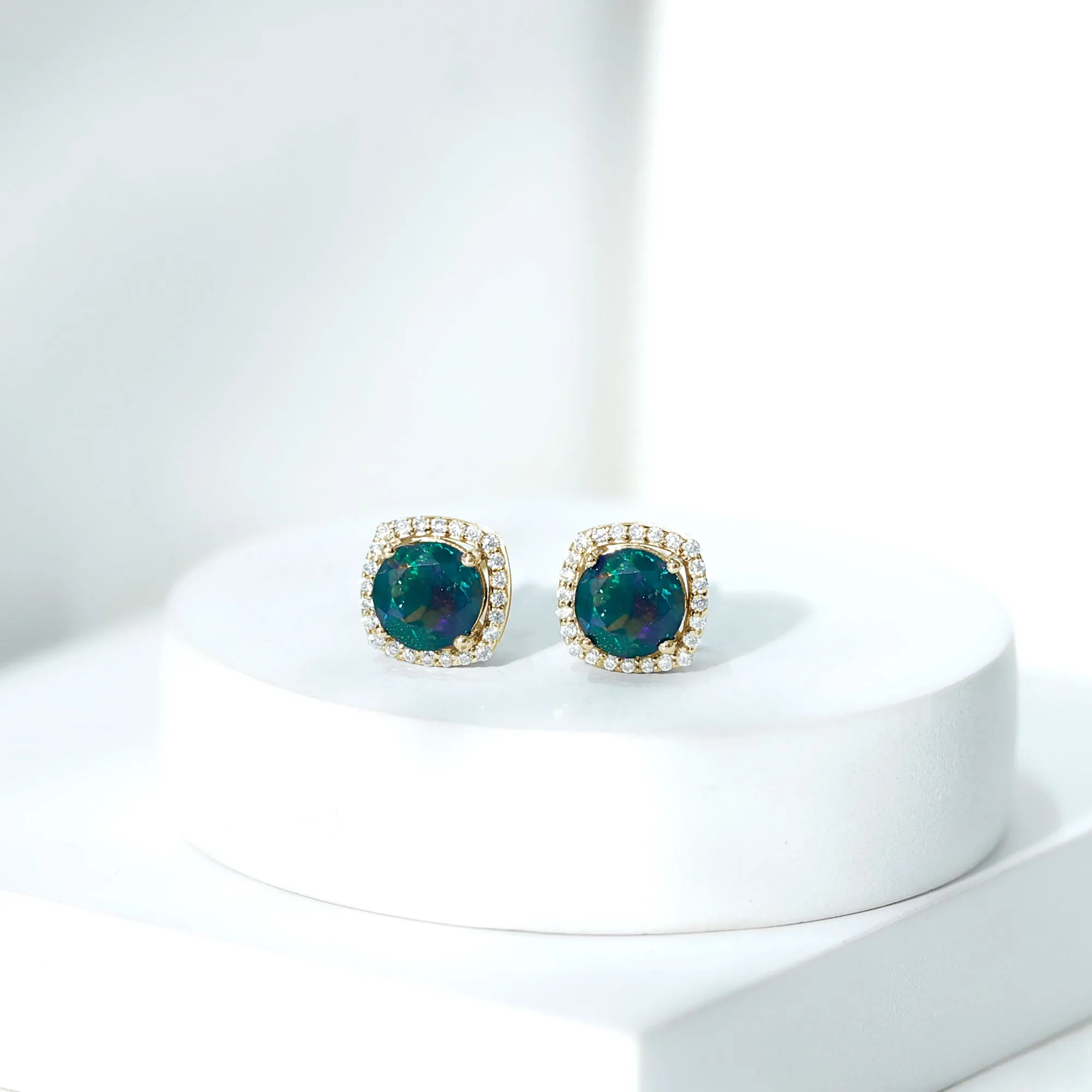 1.75 CT Round Shape Black Opal Stud Earrings with Moissanite Halo