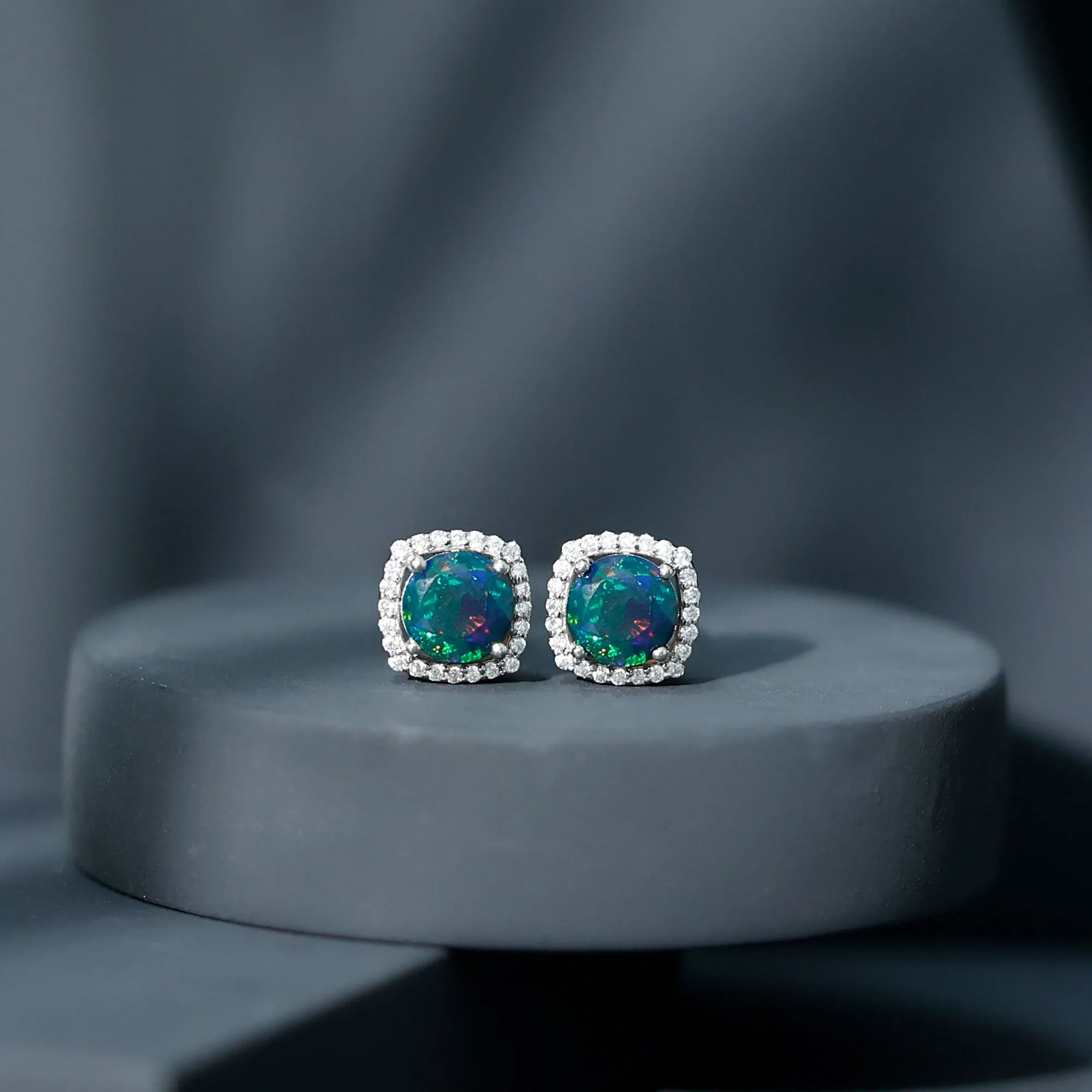 1.75 CT Round Shape Black Opal Stud Earrings with Moissanite Halo
