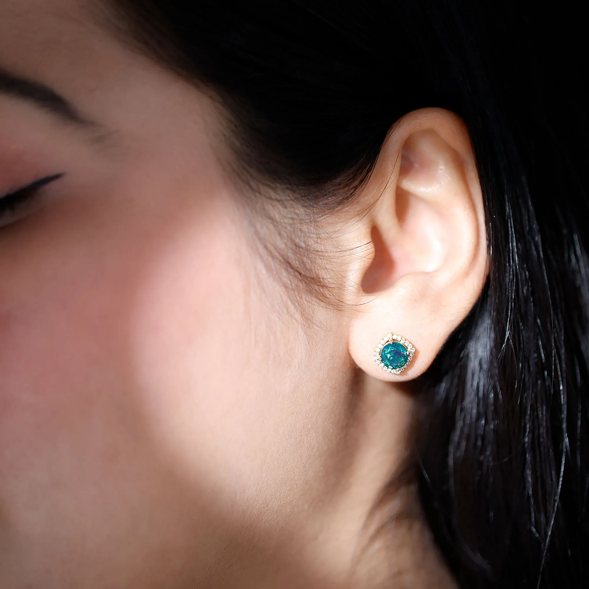 1.75 CT Round Shape Black Opal Stud Earrings with Moissanite Halo