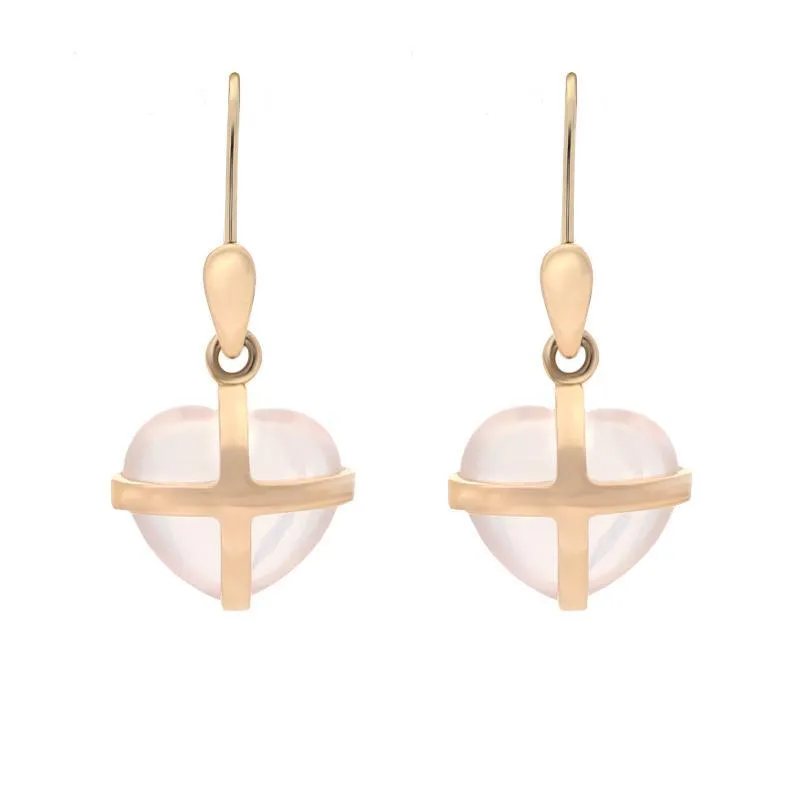 18ct Rose Gold Rose Quartz Small Cross Heart Drop Earrings