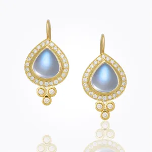18K Classic Halo Pear Drop Earrings with Royal Blue Moonstone and diamond pavé