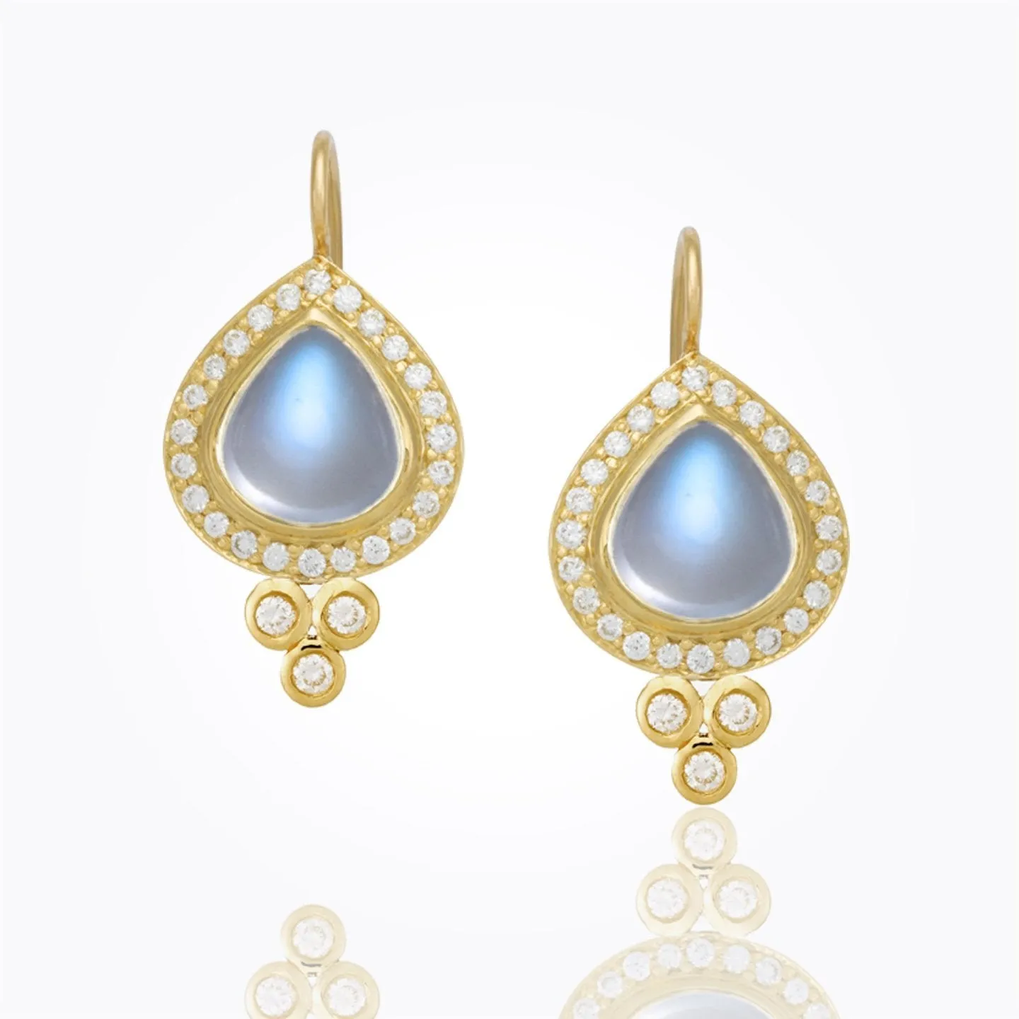 18K Classic Halo Pear Drop Earrings with Royal Blue Moonstone and diamond pavé