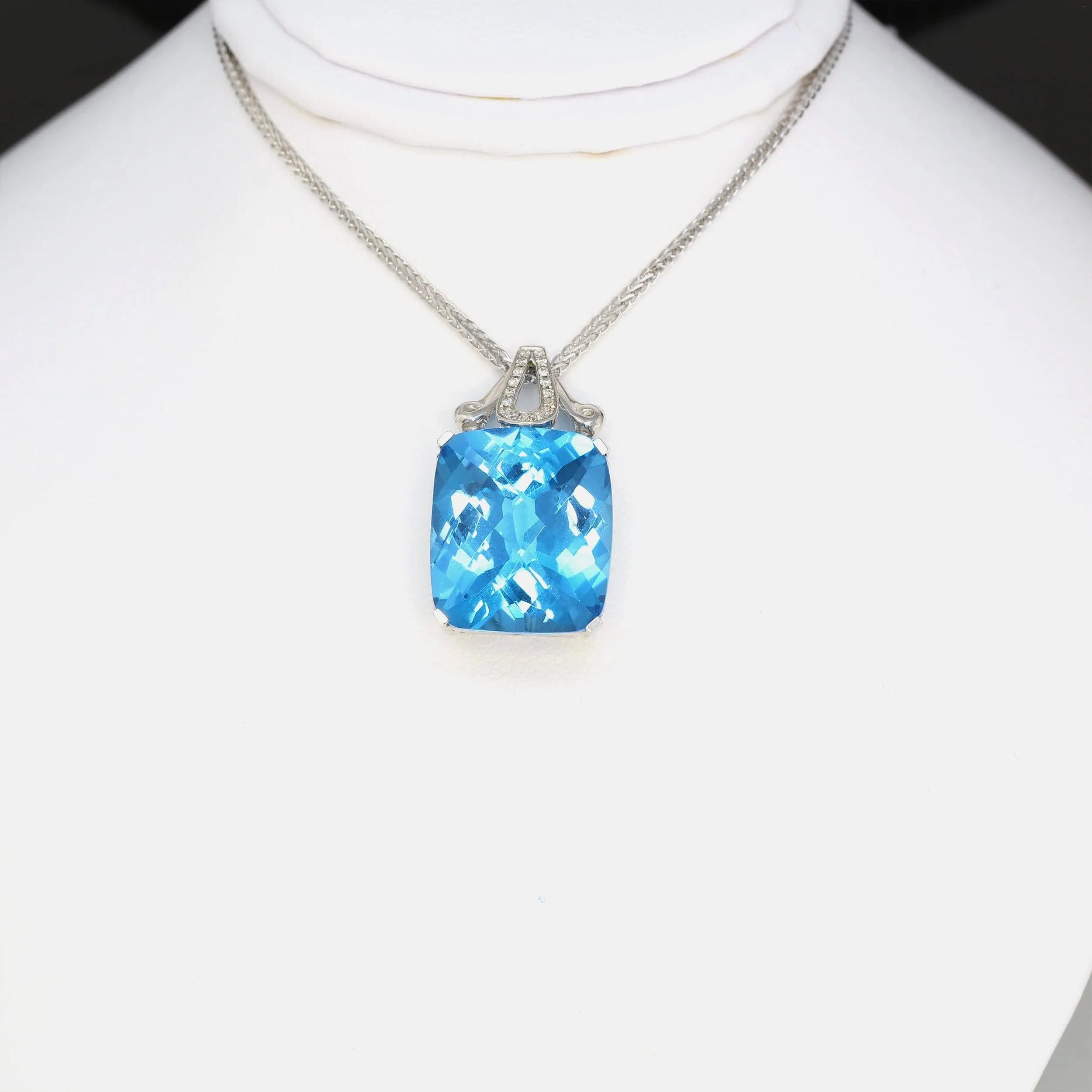 18k White Gold Genuine Swiss Blue Topaz & Diamonds Pendant Necklace