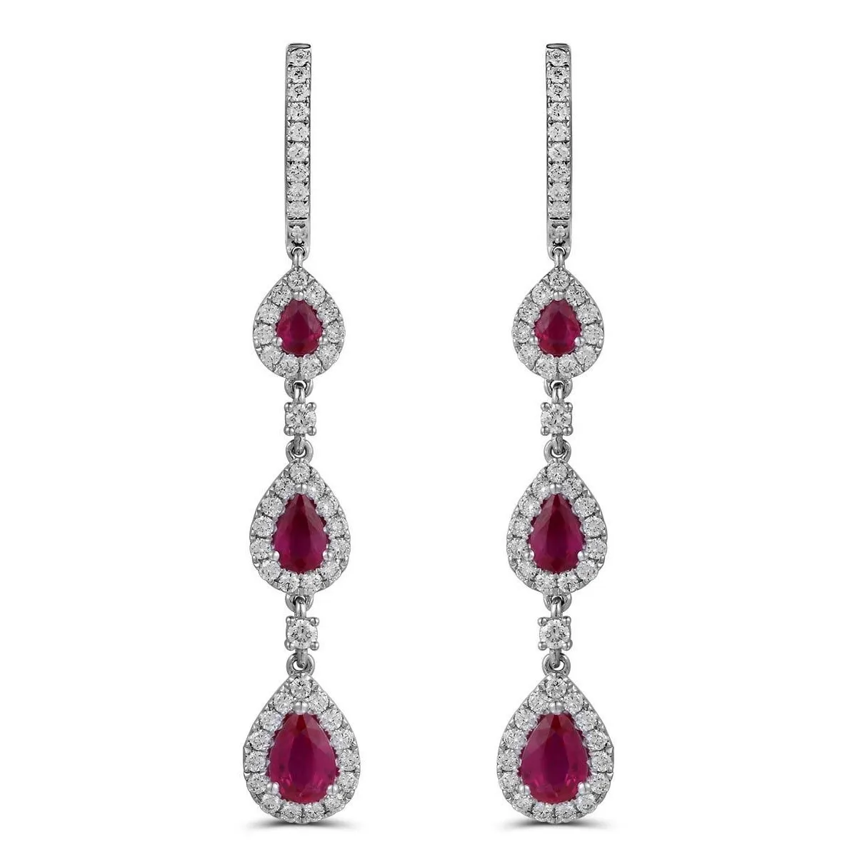 18K White Gold Pear Ruby with Diamond Halo Dangle Earrings