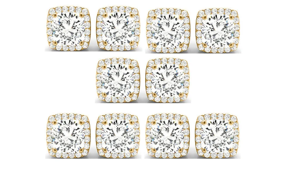 18k Yellow Gold 6mm 1/2Ct Cushion Cut White Sapphire Set Of Five Halo Stud Earrings Plated
