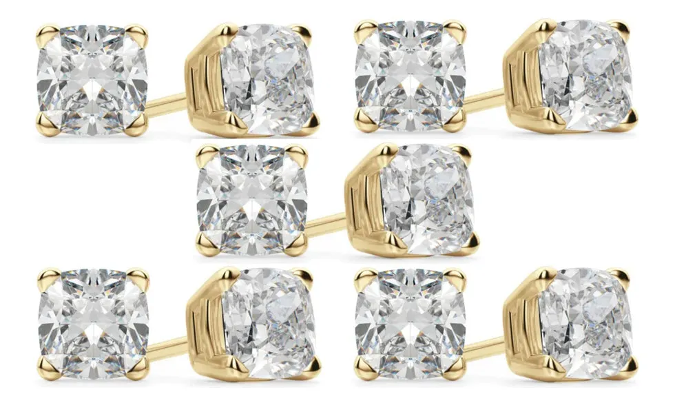 18k Yellow Gold 6mm 1Ct Cushion Cut White Sapphire Set Of Five Stud Earrings Plated