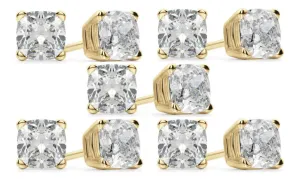 18k Yellow Gold 6mm 1Ct Cushion Cut White Sapphire Set Of Five Stud Earrings Plated