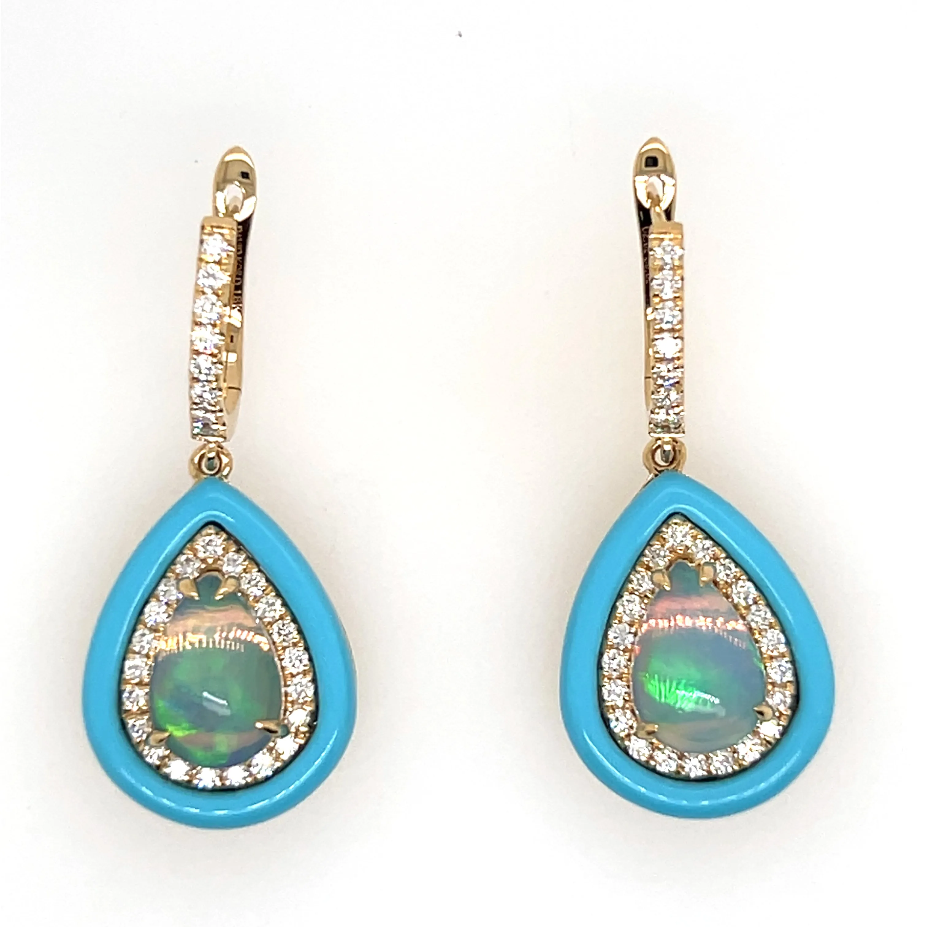 18K Yellow Gold Opal Turqoise and Diamond Earrings