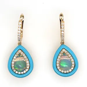 18K Yellow Gold Opal Turqoise and Diamond Earrings