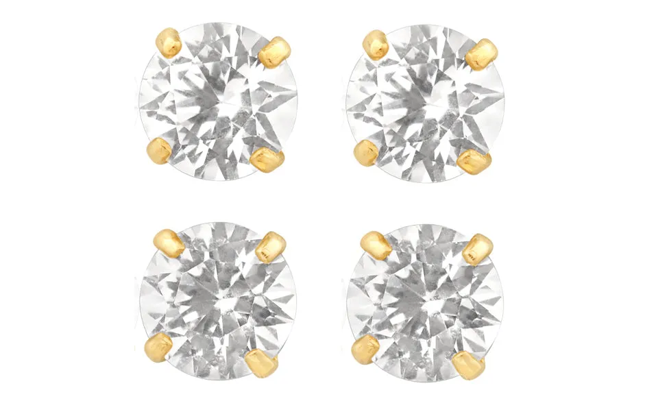 18k Yellow Gold Plated 3Ct Round White Sapphire Set Of Two Stud Earrings